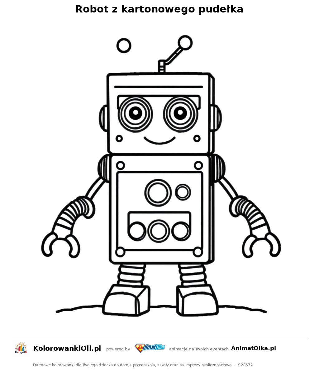 Robot z kartonowego pudełka — kolorowanka na Dzień Małych Wynalazców do wydruku