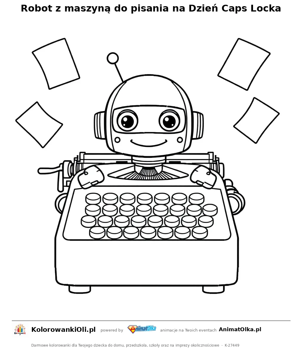 Robot z maszyną do pisania na Dzień Caps Locka — kolorowanka na Dzień Caps Locka do wydruku