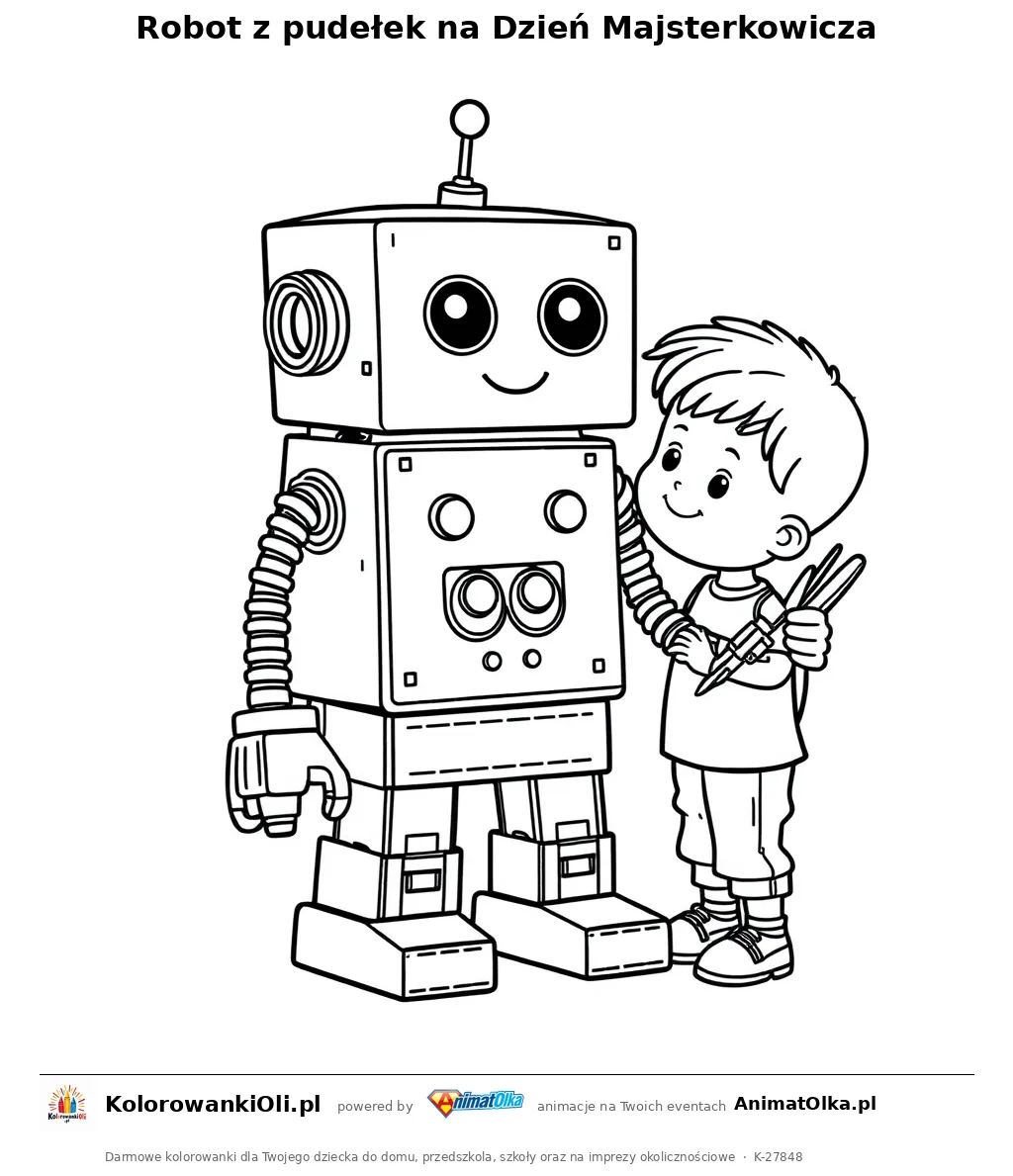 Robot z pudełek na Dzień Majsterkowicza — kolorowanka na Dzień Majsterkowicza do wydruku