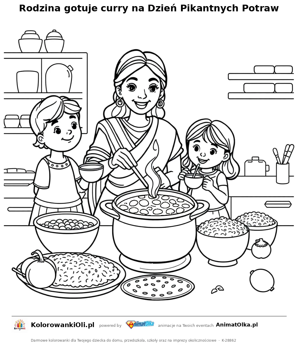 Rodzina gotuje curry na Dzień Pikantnych Potraw — kolorowanka na Dzień Pikantnych Potraw do wydruku