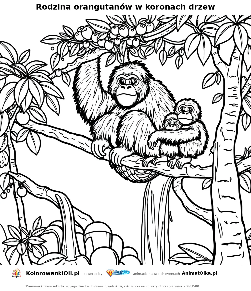 Rodzina orangutanów w koronach drzew — kolorowanka na Dzień Orangutana do wydruku