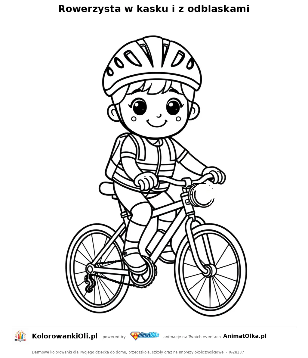 Rowerzysta w kasku i z odblaskami — kolorowanka na Dzień Bezpieczeństwa Ruchu Drogowego do wydruku