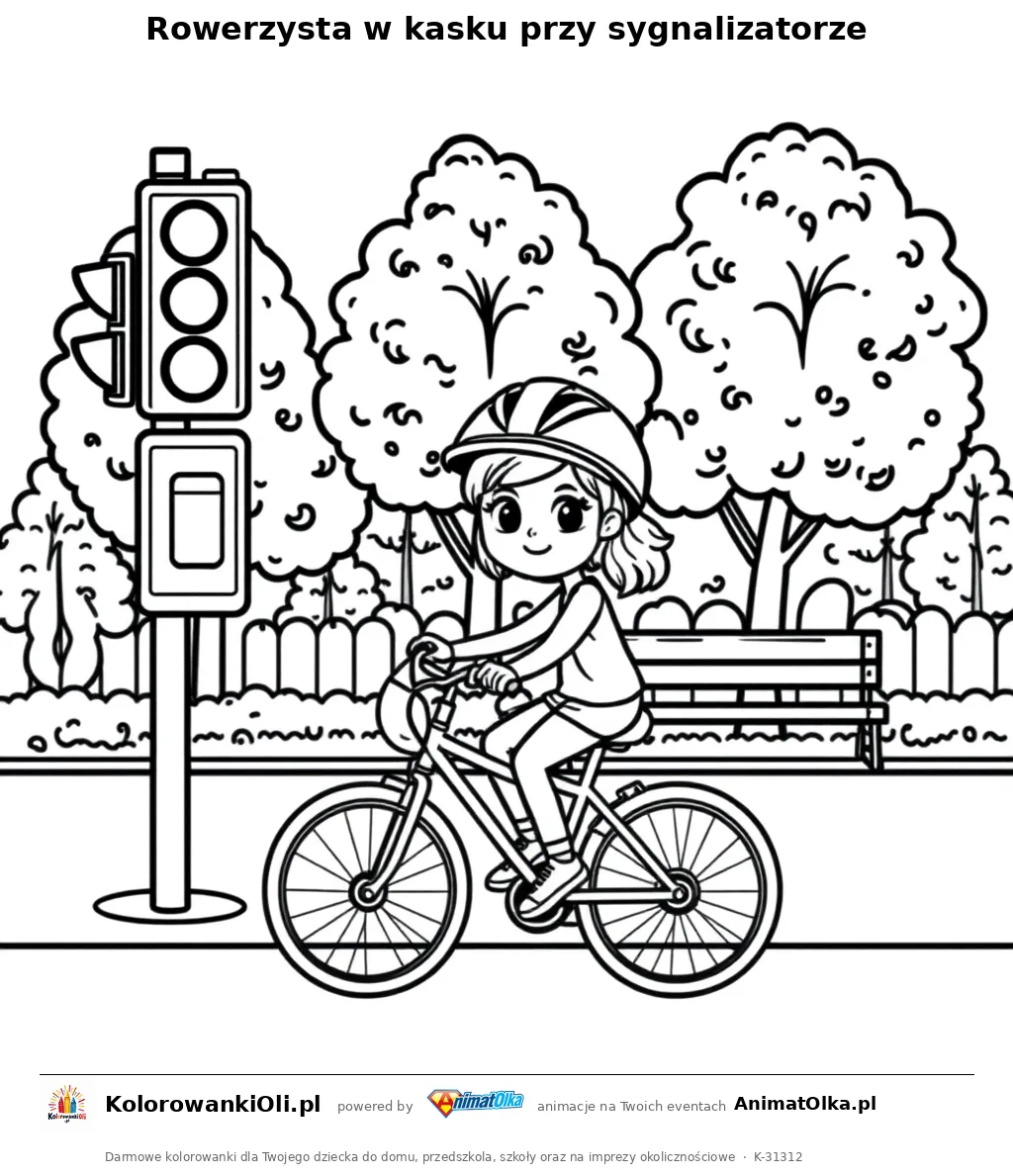 Rowerzysta w kasku przy sygnalizatorze — kolorowanka na Dzień Sygnalizacji Świetlnej do wydruku