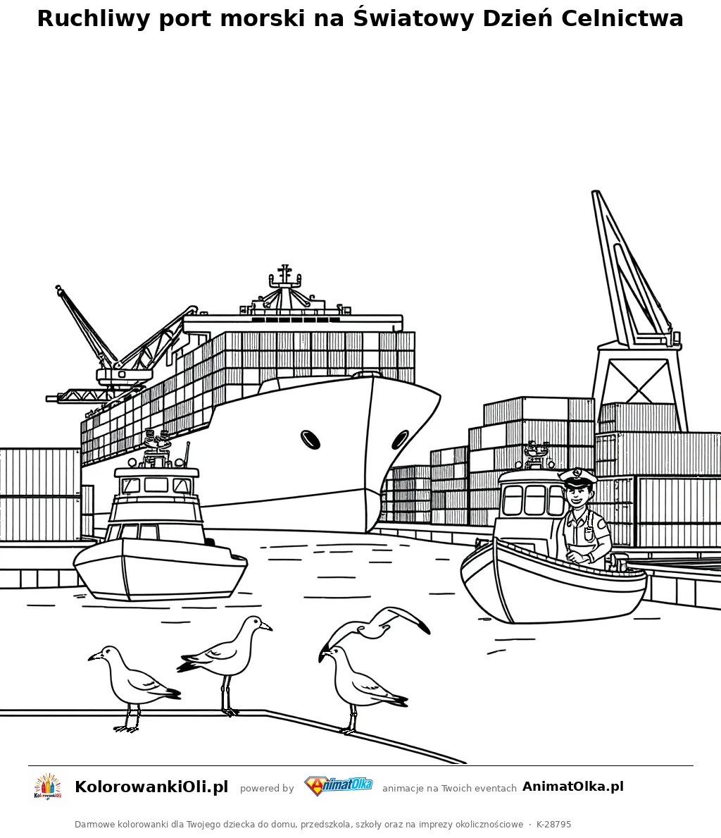 Ruchliwy port morski na Światowy Dzień Celnictwa — kolorowanka na Światowy Dzień Celnictwa do wydruku