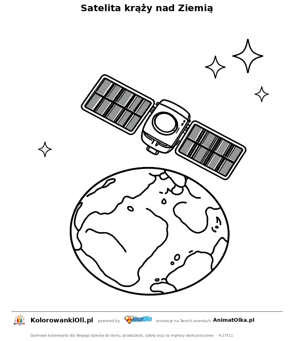 Satelita krąży nad Ziemią — kolorowanka na Dzień Internetu do wydruku