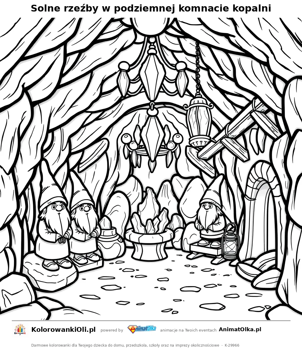 Solne rzeźby w podziemnej komnacie kopalni — kolorowanka na Dzień Ochrony Zabytków do wydruku