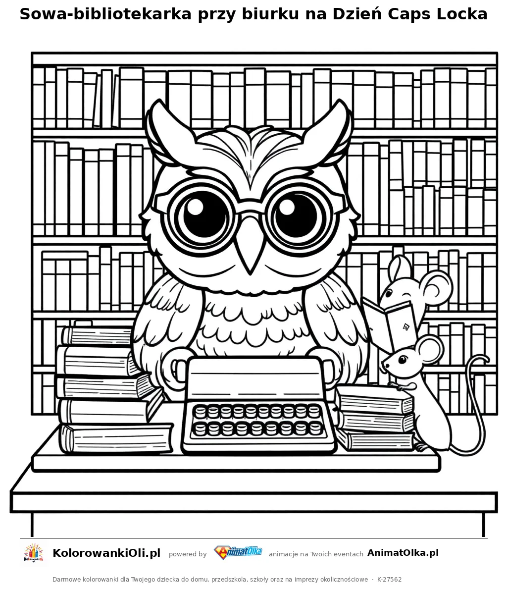Sowa-bibliotekarka przy biurku na Dzień Caps Locka — kolorowanka na Dzień Caps Locka do wydruku