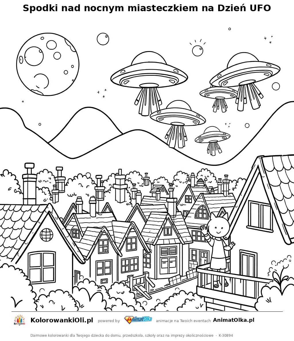 Spodki nad nocnym miasteczkiem na Dzień UFO — kolorowanka na Dzień UFO do wydruku
