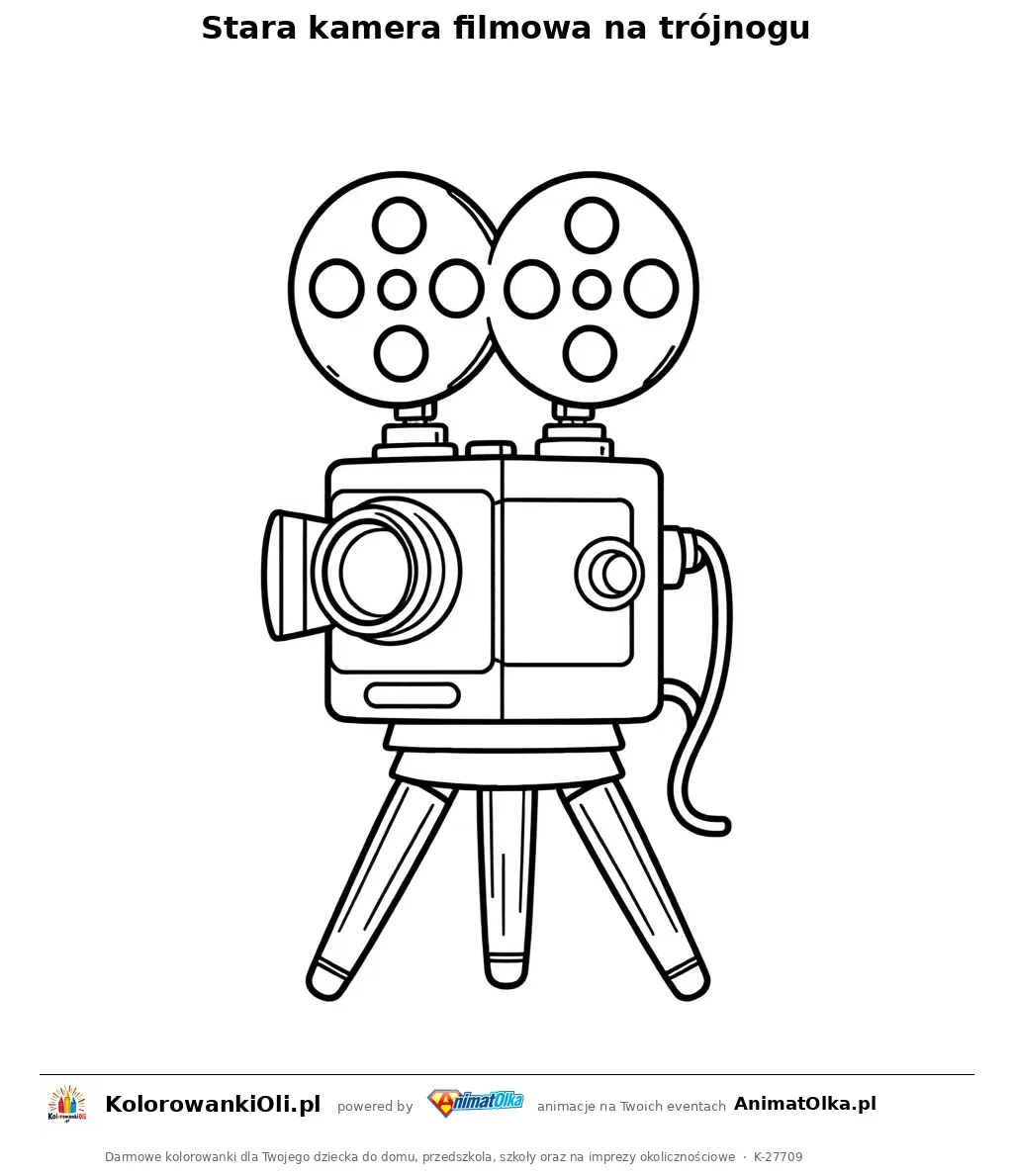 Stara kamera filmowa na trójnogu — kolorowanka na Dzień Myszki do wydruku