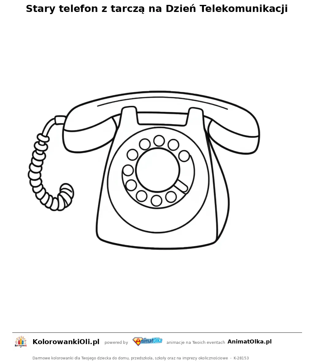 Stary telefon z tarczą na Dzień Telekomunikacji — kolorowanka na Dzień Telekomunikacji do wydruku