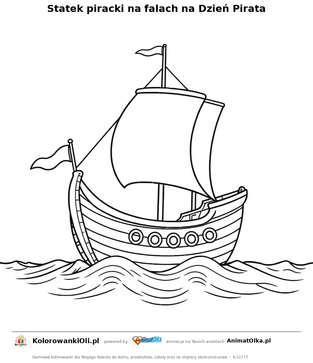 Statek piracki na falach na Dzień Pirata — kolorowanka na Dzień Pirata do wydruku