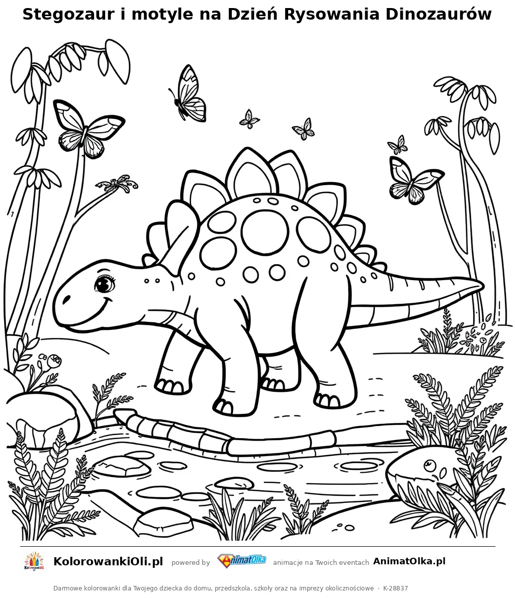 Stegozaur i motyle na Dzień Rysowania Dinozaurów — kolorowanka na Dzień Rysowania Dinozaurów do wydruku
