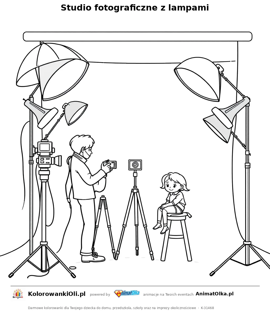 Studio fotograficzne z lampami — kolorowanka na Dzień Fotografii do wydruku