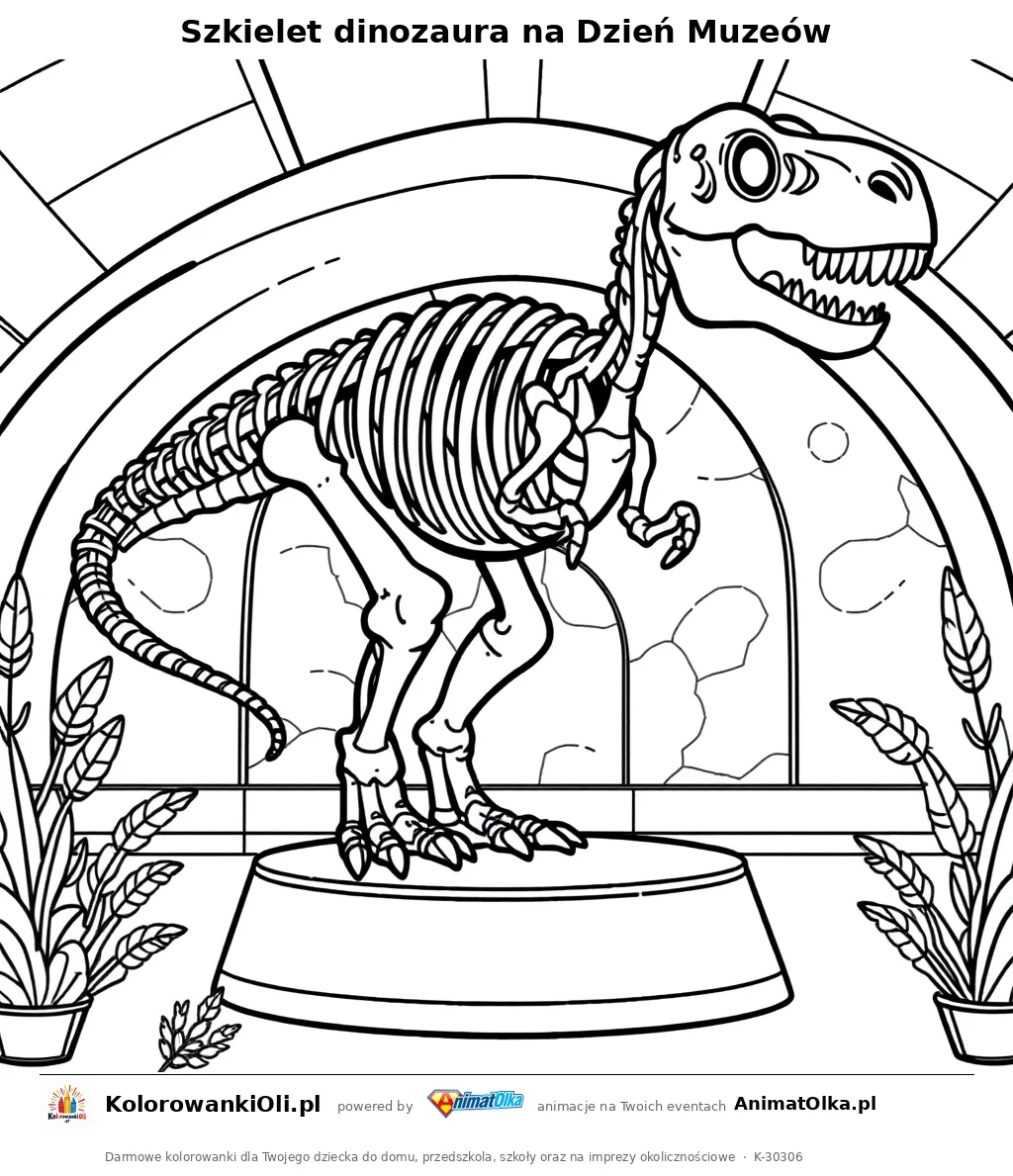 Szkielet dinozaura na Dzień Muzeów — kolorowanka na Dzień Muzeów do wydruku