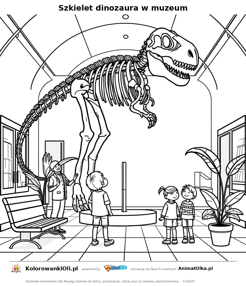 Szkielet dinozaura w muzeum — kolorowanka na Dzień Dinozaura do wydruku