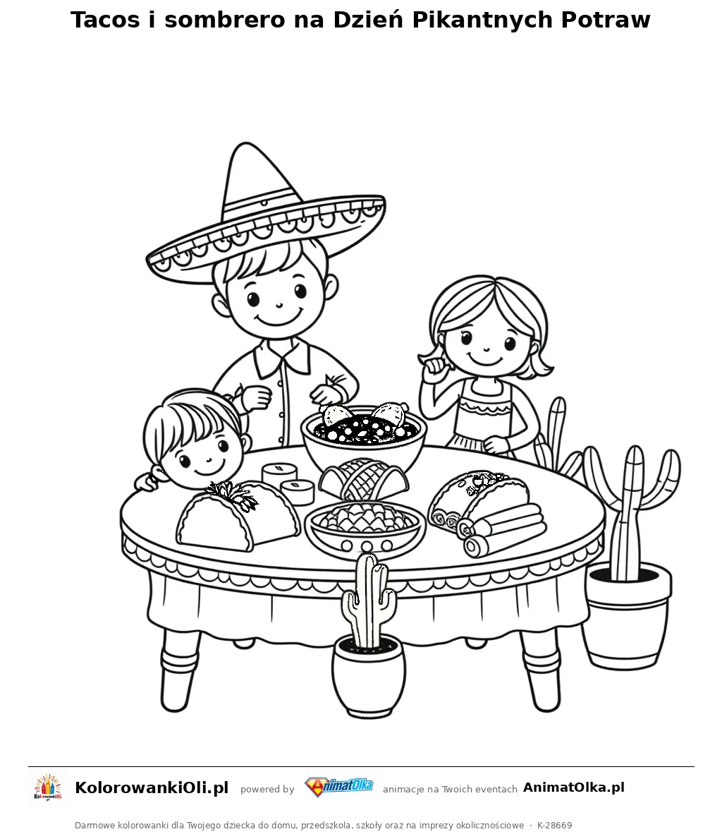 Tacos i sombrero na Dzień Pikantnych Potraw — kolorowanka na Dzień Pikantnych Potraw do wydruku