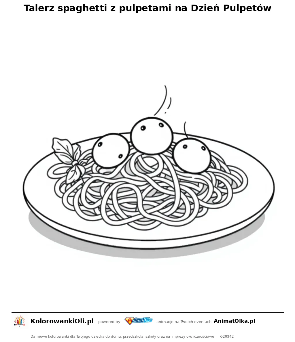 Talerz spaghetti z pulpetami na Dzień Pulpetów — kolorowanka na Dzień Pulpetów do wydruku