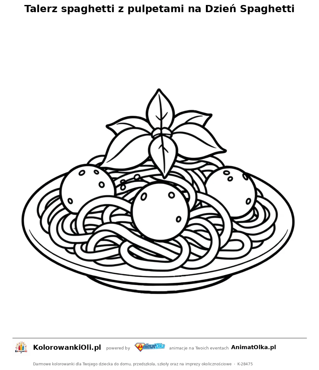 Talerz spaghetti z pulpetami na Dzień Spaghetti — kolorowanka na Dzień Spaghetti do wydruku