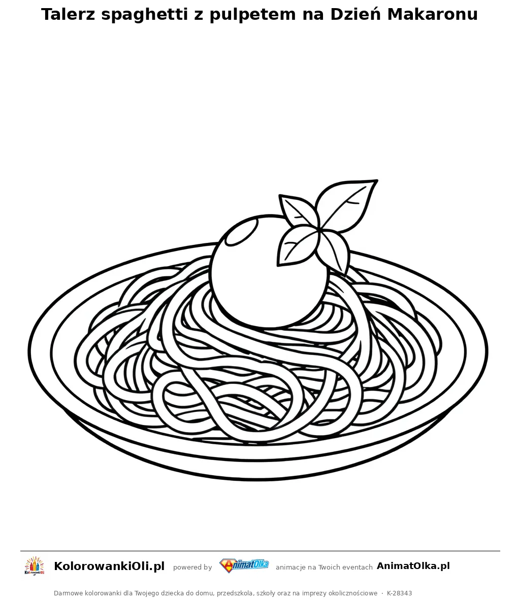 Talerz spaghetti z pulpetem na Dzień Makaronu — kolorowanka na Dzień Makaronu do wydruku