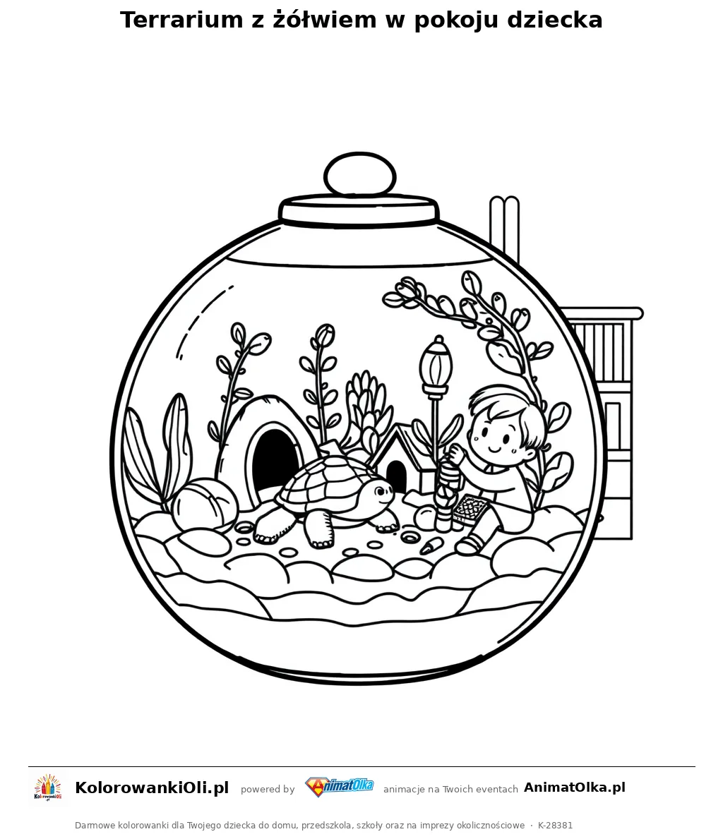 Terrarium z żółwiem w pokoju dziecka — kolorowanka na Dzień Adopcji Żółwia do wydruku