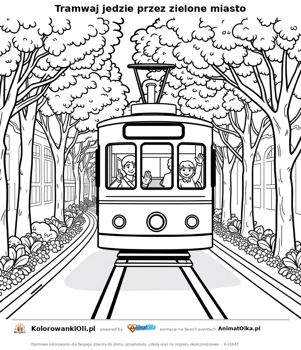 Tramwaj jedzie przez zielone miasto — kolorowanka na Dzień Czystego Powietrza do wydruku