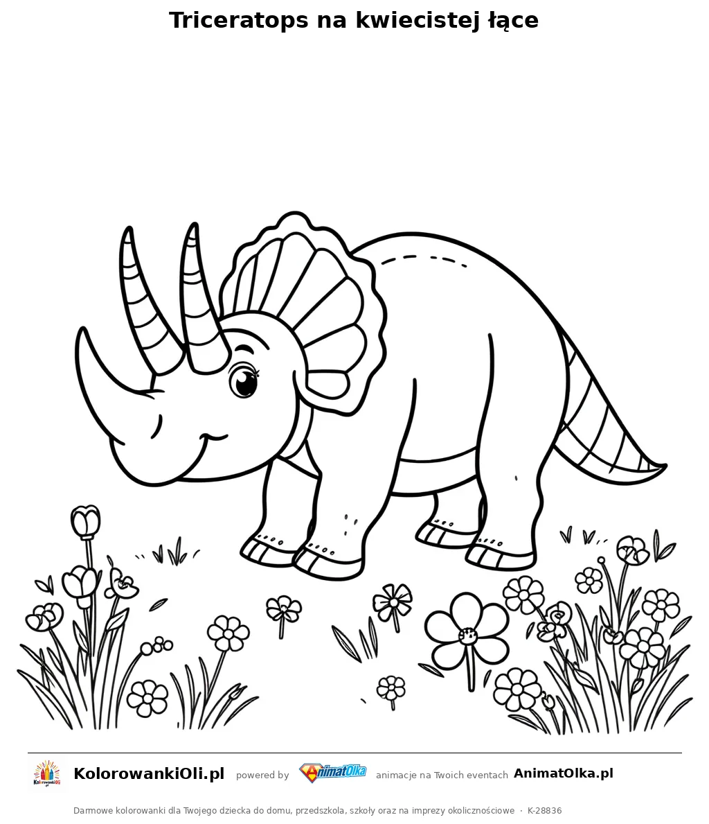 Triceratops na kwiecistej łące — kolorowanka na Dzień Rysowania Dinozaurów do wydruku