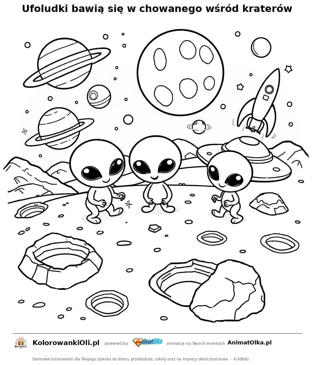 Ufoludki bawią się w chowanego wśród kraterów — kolorowanka na Dzień UFO do wydruku