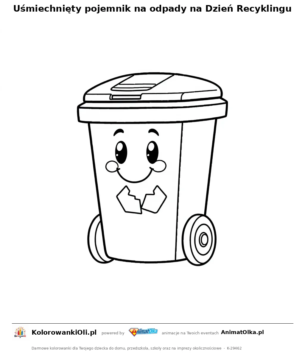 Uśmiechnięty pojemnik na odpady na Dzień Recyklingu — kolorowanka na Dzień Recyklingu do wydruku