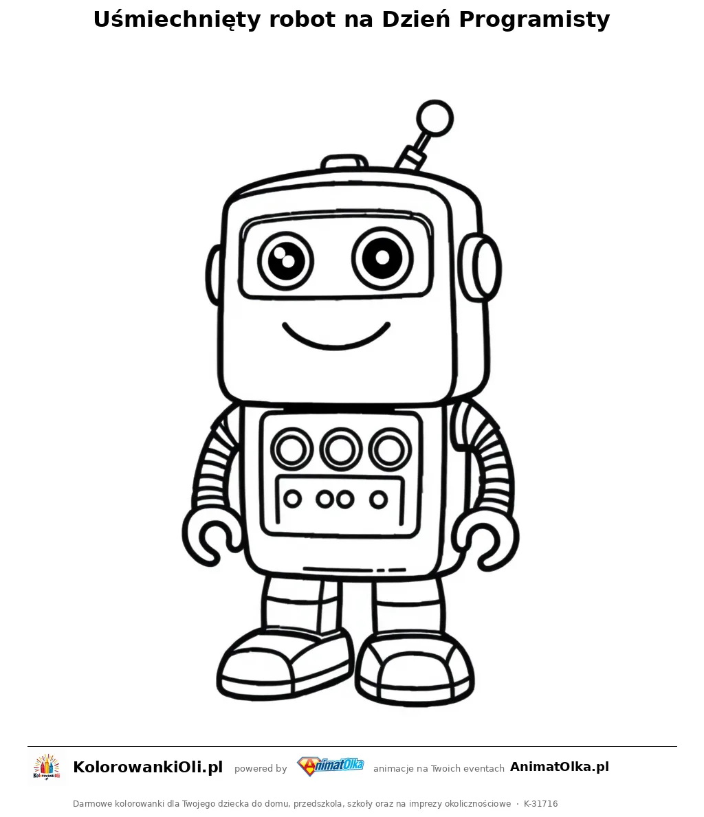 Uśmiechnięty robot na Dzień Programisty — kolorowanka na Dzień Programisty do wydruku