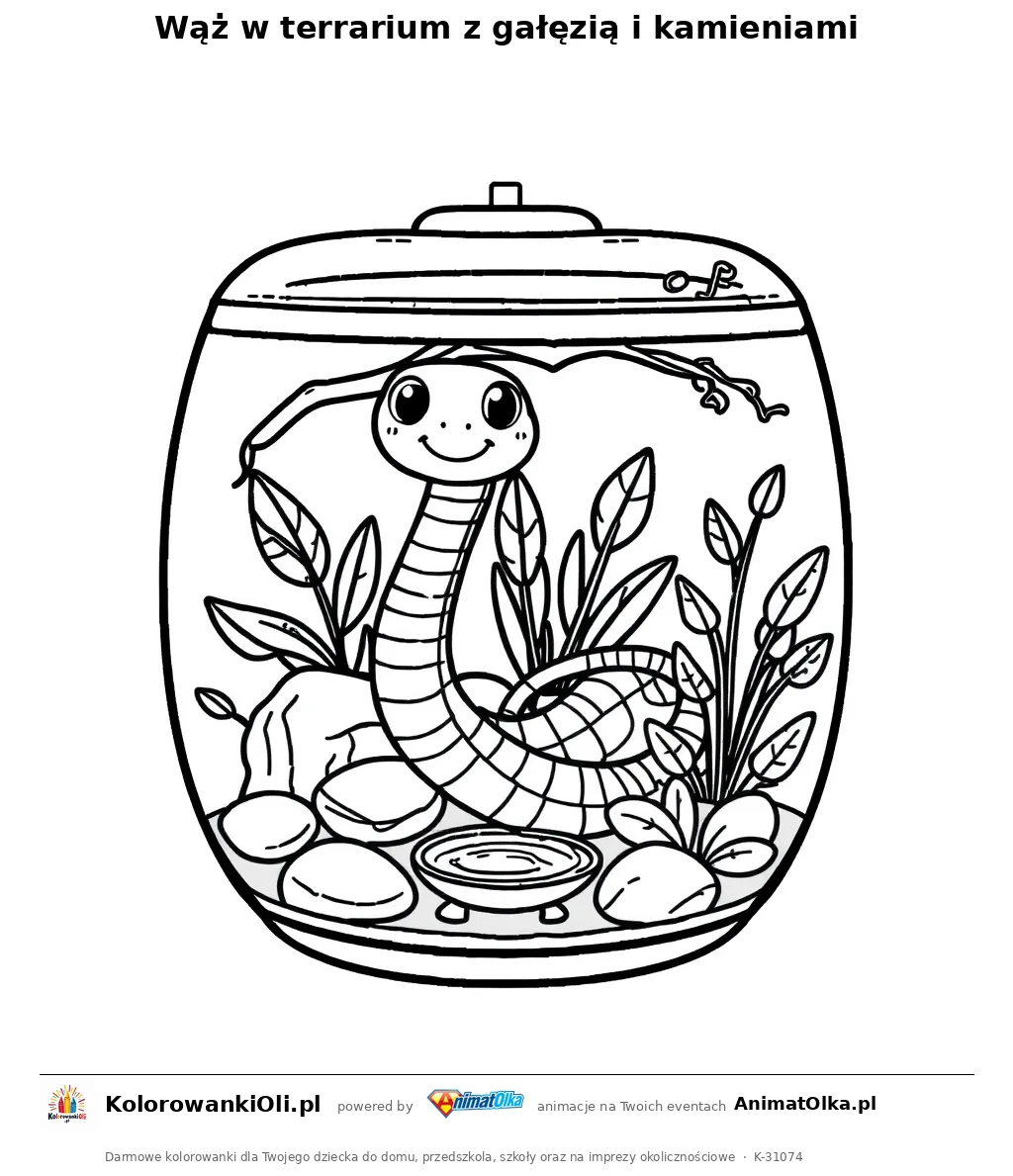 Wąż w terrarium z gałęzią i kamieniami — kolorowanka na Dzień Węża do wydruku