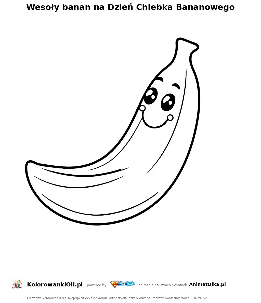 Wesoły banan na Dzień Chlebka Bananowego — kolorowanka na Dzień Chlebka Bananowego do wydruku