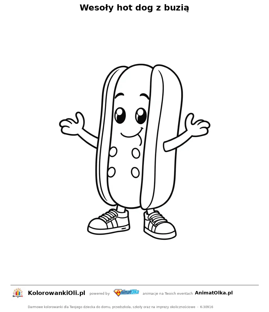 Wesoły hot dog z buzią — kolorowanka na Święto Hot Doga do wydruku
