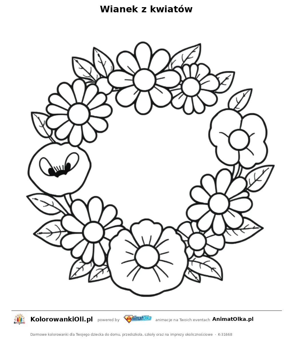 Wianek z kwiatów — kolorowanka na Dzień Urody do wydruku