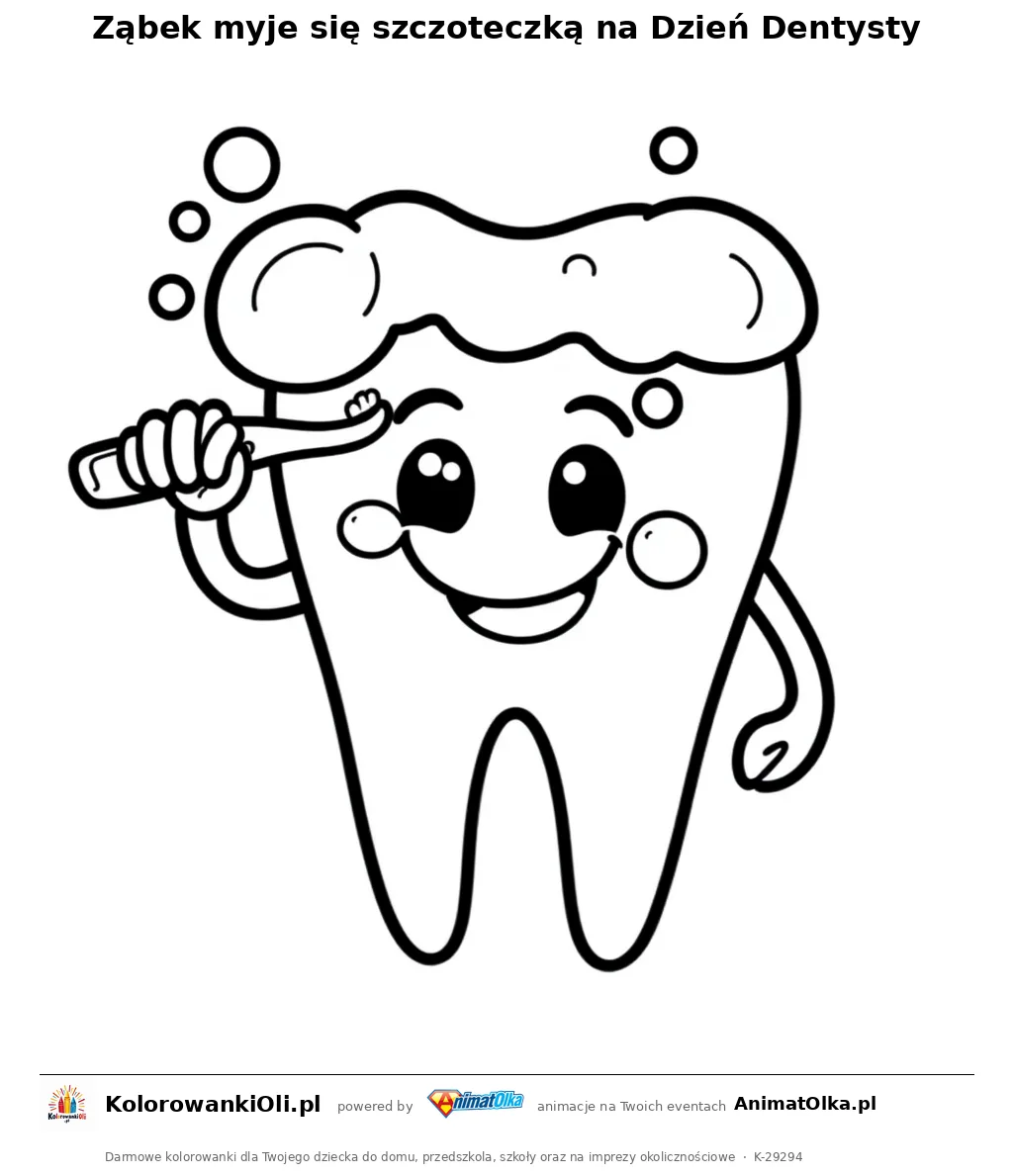 Ząbek myje się szczoteczką na Dzień Dentysty — kolorowanka na Dzień Dentysty do wydruku