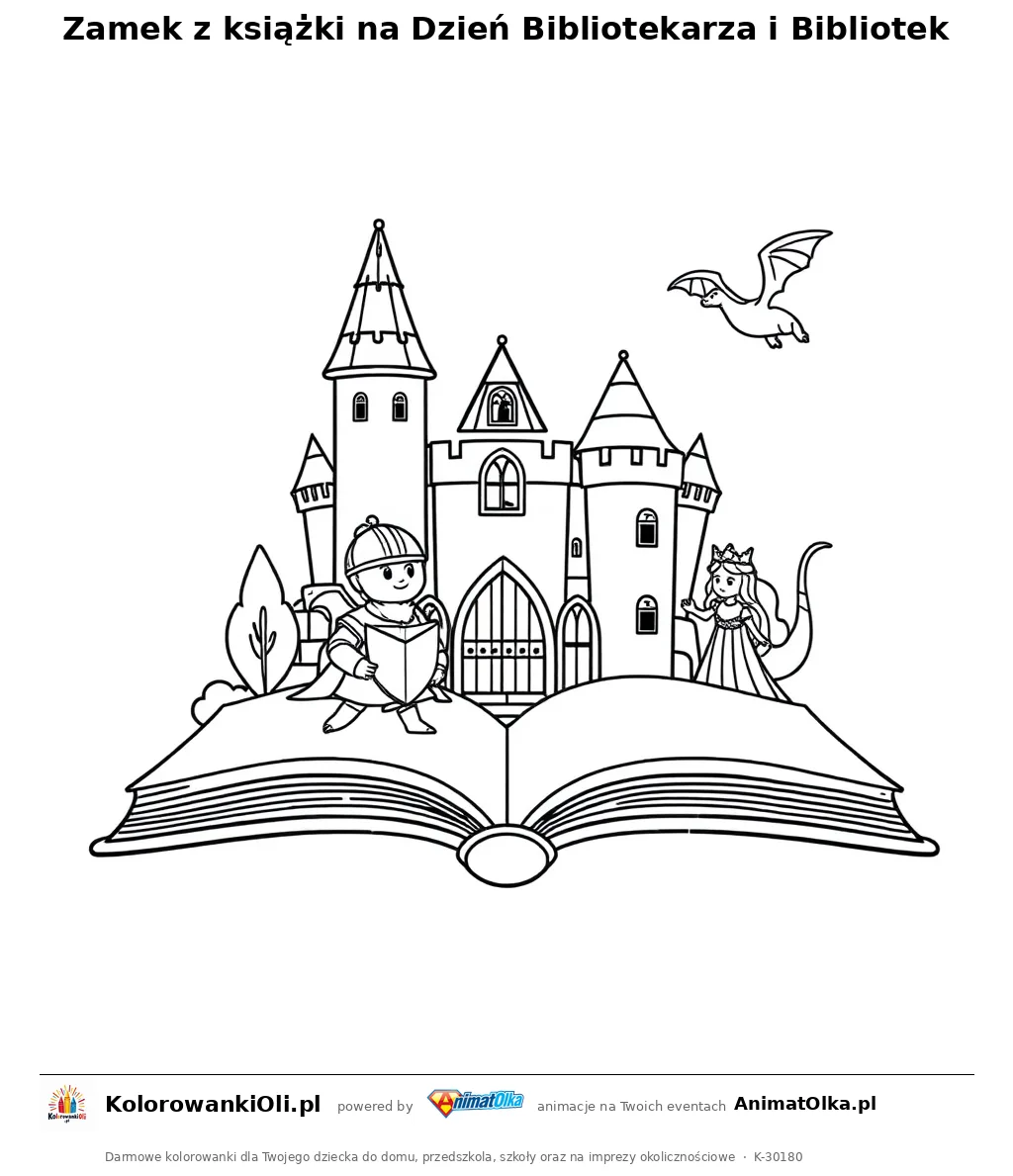 Zamek z książki na Dzień Bibliotekarza i Bibliotek — kolorowanka na Dzień Bibliotekarza i Bibliotek do wydruku