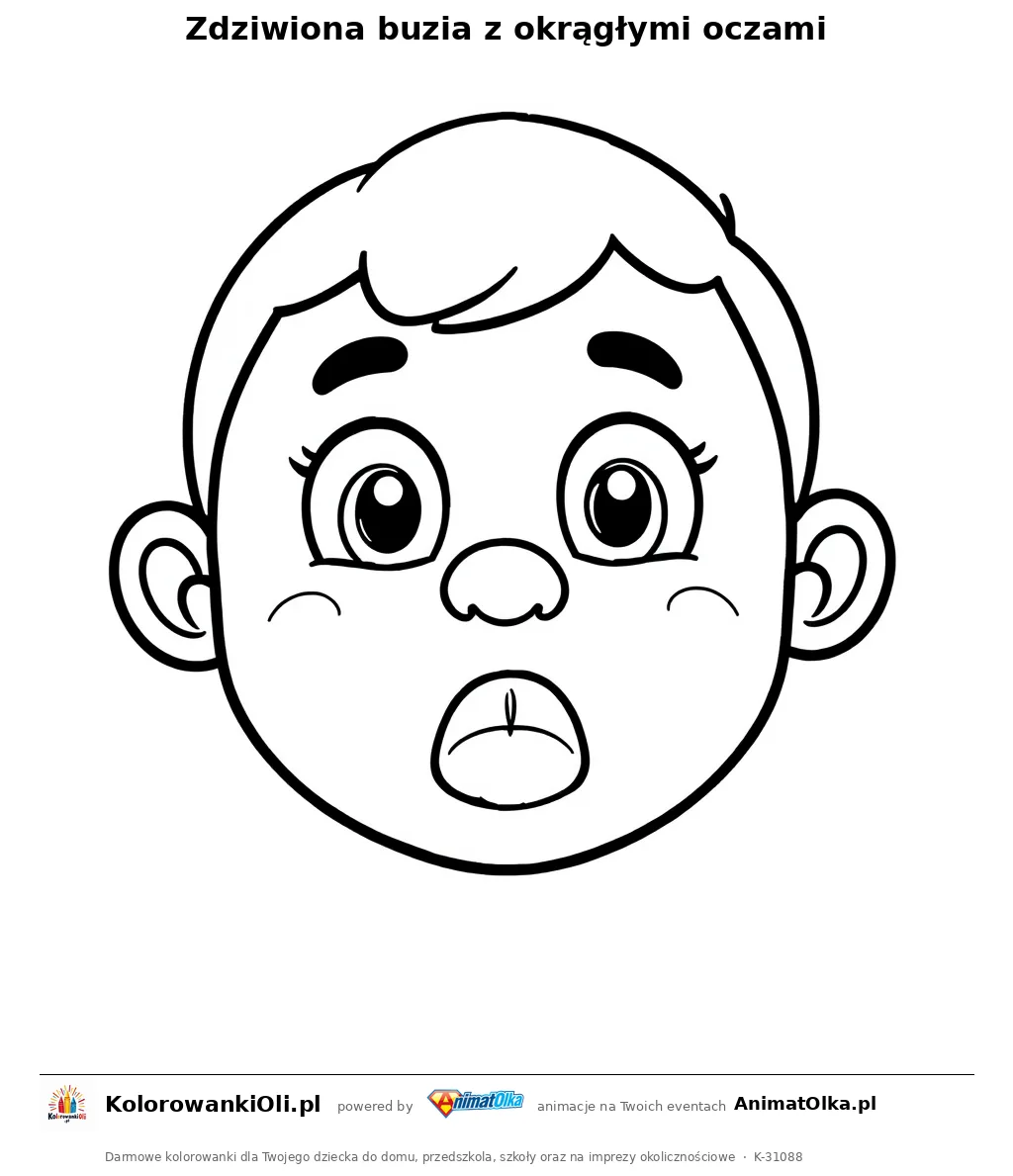 Zdziwiona buzia z okrągłymi oczami — kolorowanka na Dzień Emocji do wydruku