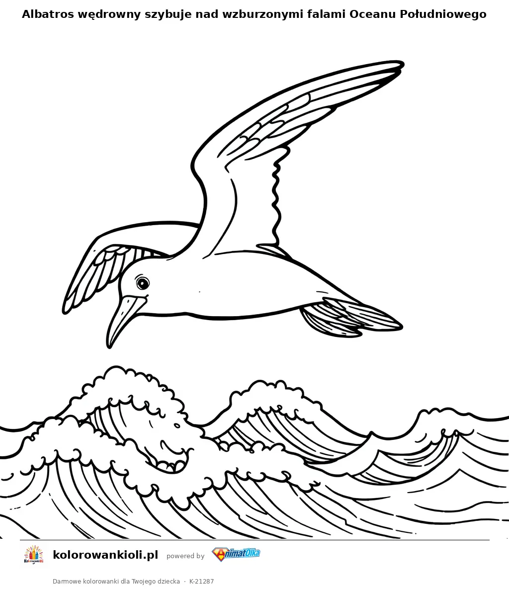Albatros wędrowny szybuje nad wzburzonymi falami Oceanu Południowego — kolorowanka do wydruku dla dzieci