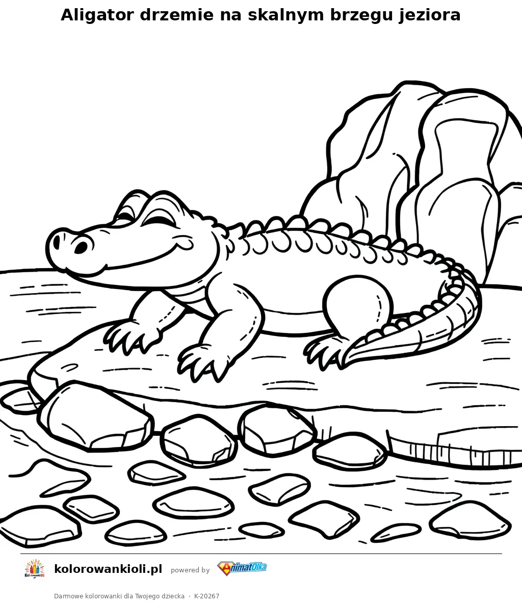 Aligator drzemie na skalnym brzegu jeziora — kolorowanka do wydruku dla dzieci