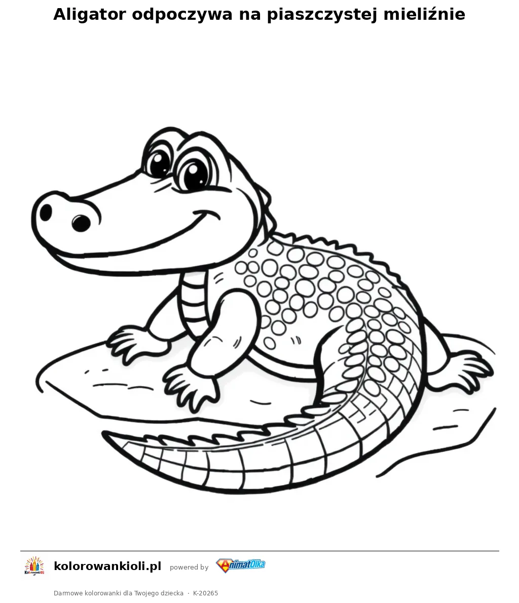 Aligator odpoczywa na piaszczystej mieliźnie — kolorowanka do wydruku dla dzieci