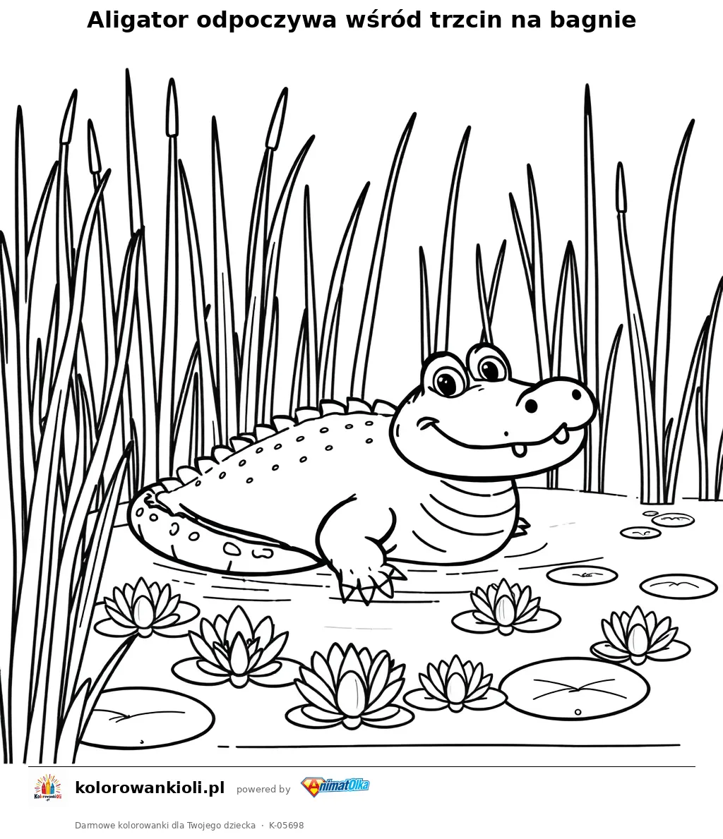 Aligator odpoczywa wśród trzcin na bagnie — kolorowanka do wydruku dla dzieci