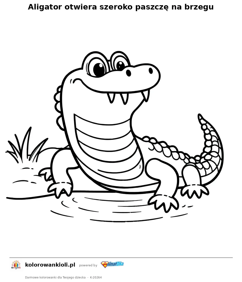 Aligator otwiera szeroko paszczę na brzegu — kolorowanka do wydruku dla dzieci