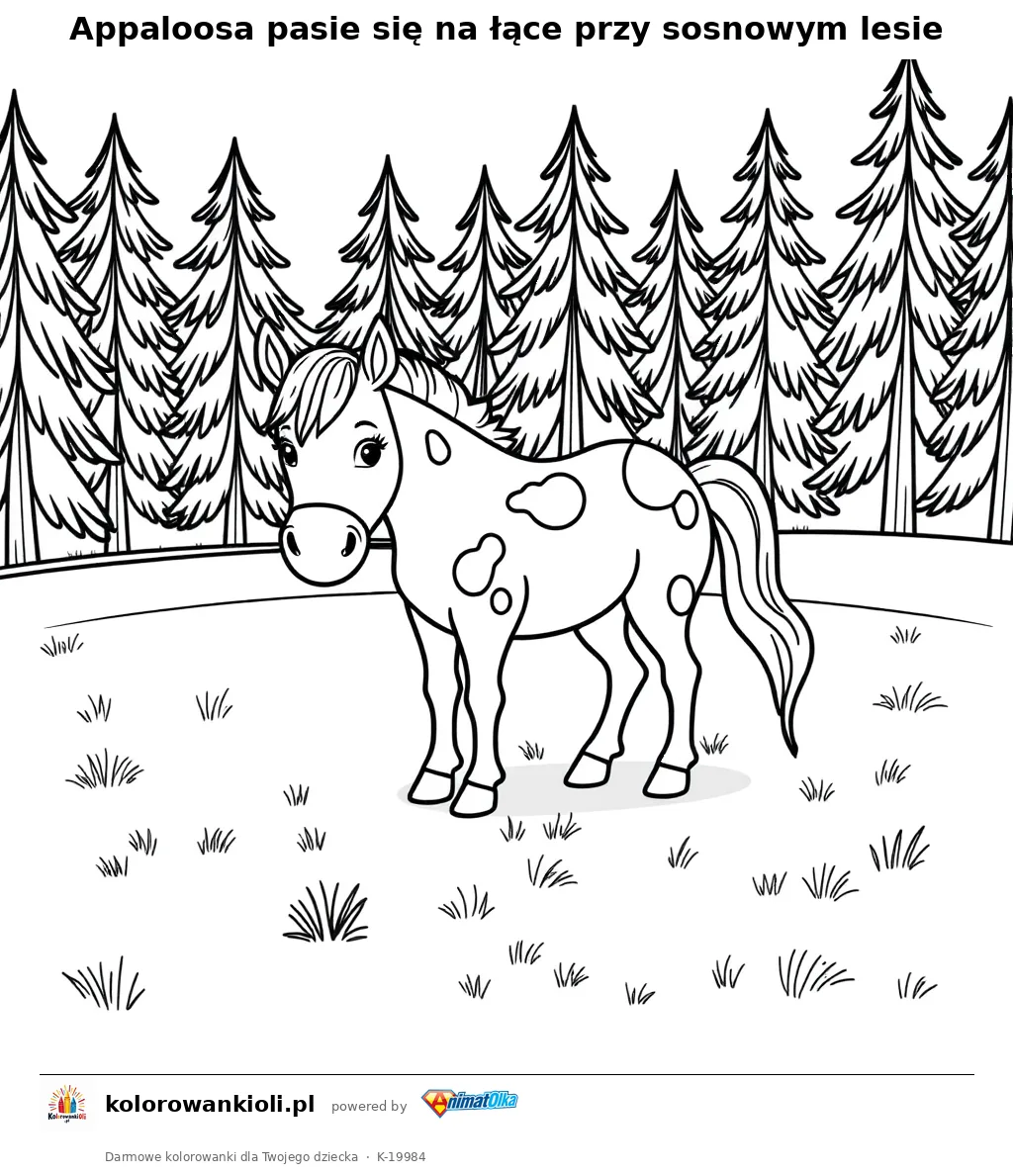 Appaloosa pasie się na łące przy sosnowym lesie — kolorowanka do wydruku dla dzieci
