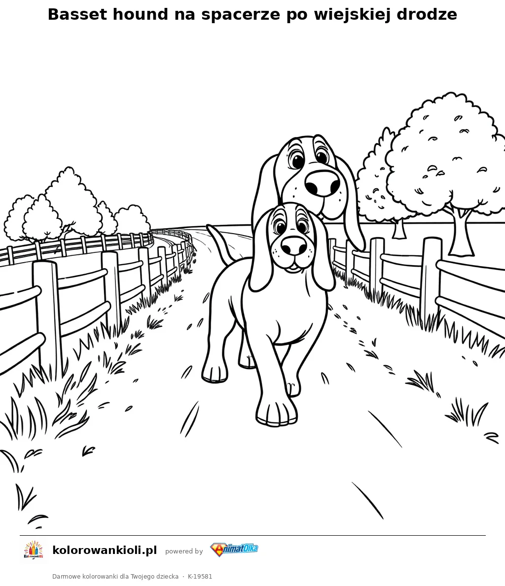 Basset hound na spacerze po wiejskiej drodze — kolorowanka do wydruku dla dzieci