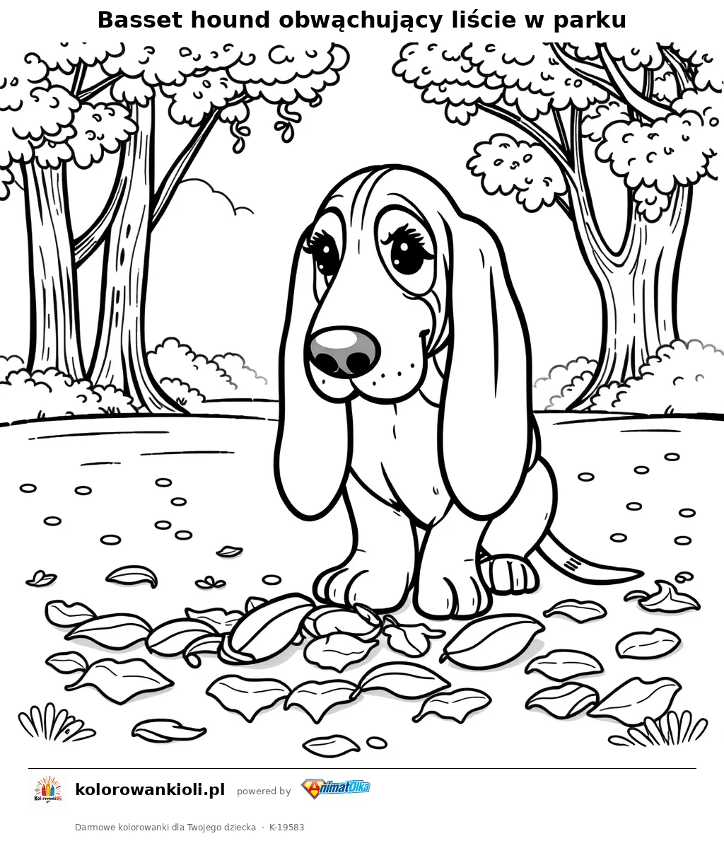 Basset hound obwąchujący liście w parku — kolorowanka do wydruku dla dzieci