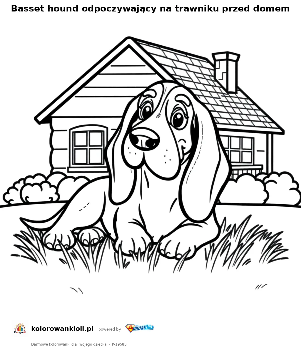 Basset hound odpoczywający na trawniku przed domem — kolorowanka do wydruku dla dzieci