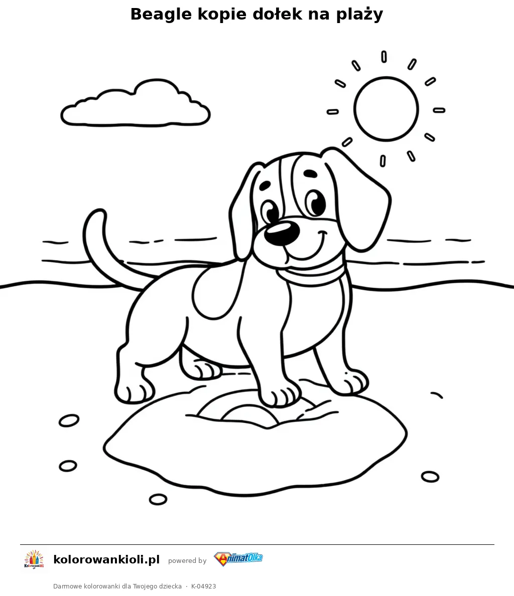 Beagle kopie dołek na plaży — kolorowanka do wydruku dla dzieci