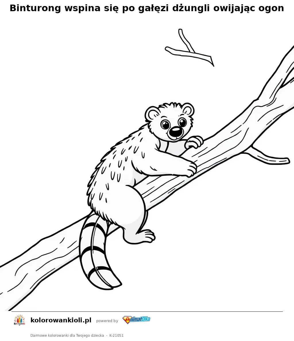 Binturong wspina się po gałęzi dżungli owijając ogon — kolorowanka do wydruku dla dzieci