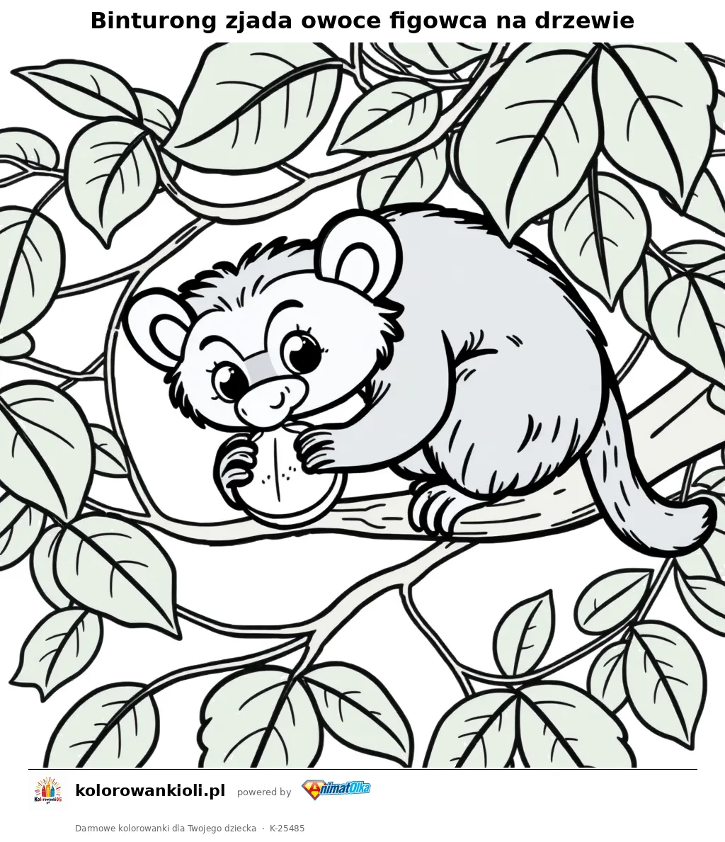 Binturong zjada owoce figowca na drzewie — kolorowanka do wydruku dla dzieci