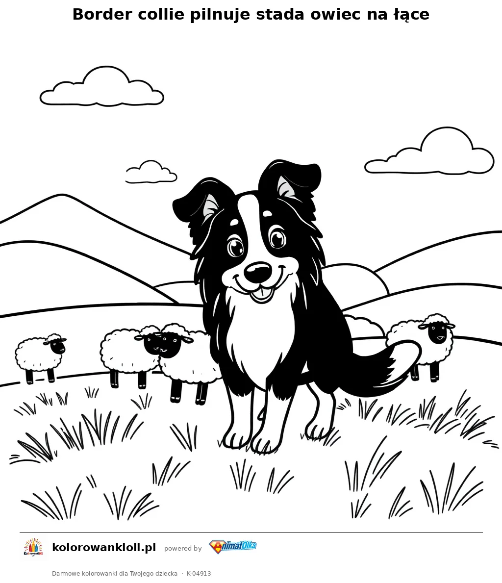 Border collie pilnuje stada owiec na łące — kolorowanka do wydruku dla dzieci