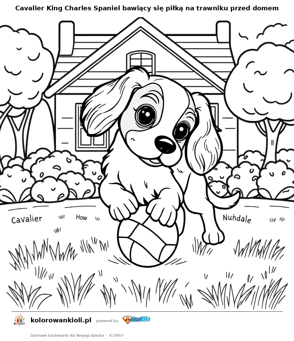 Cavalier King Charles Spaniel bawiący się piłką na trawniku przed domem — kolorowanka do wydruku dla dzieci